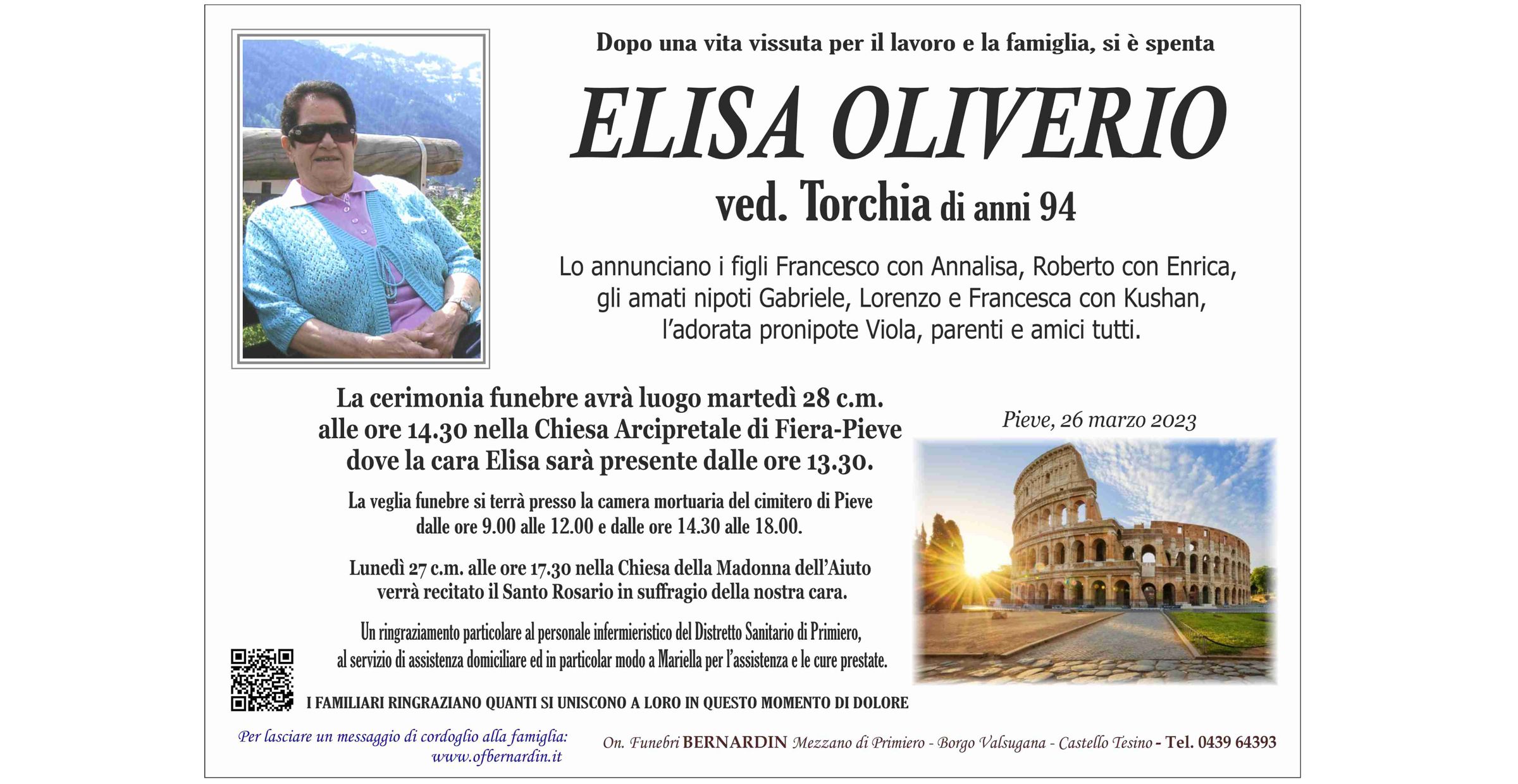 Elisa Oliverio ved. Torchia - Onoranze Funebri Bernardin